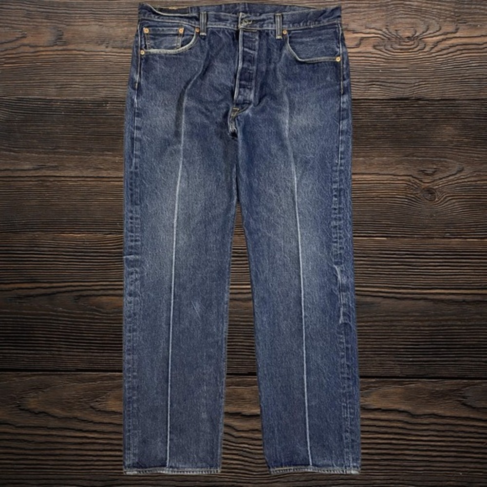 Levis 501 Original Fit Mens Jeans 40x34 (38x31) Pleated Dark Wash Blue Denim - Picture 2 of 7